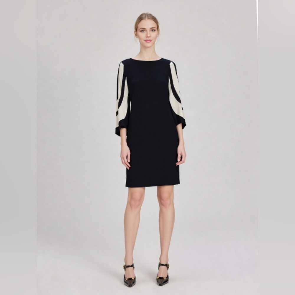 Cache Black Shift Dress with Black And White Bell Sleeves, Size 2